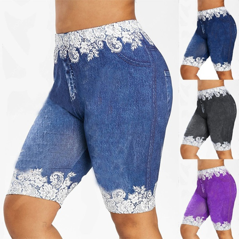 Plus Size Women Pants Shorts Leggings Summer Fake Denim Ladies Short Pants Summer Floral Printed High Waist Female Shorts D30