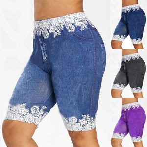 Plus Size Women Pants Shorts Leggings Summer Fake Denim Ladies Short Pants Summer Floral Printed High Waist Female Shorts D30