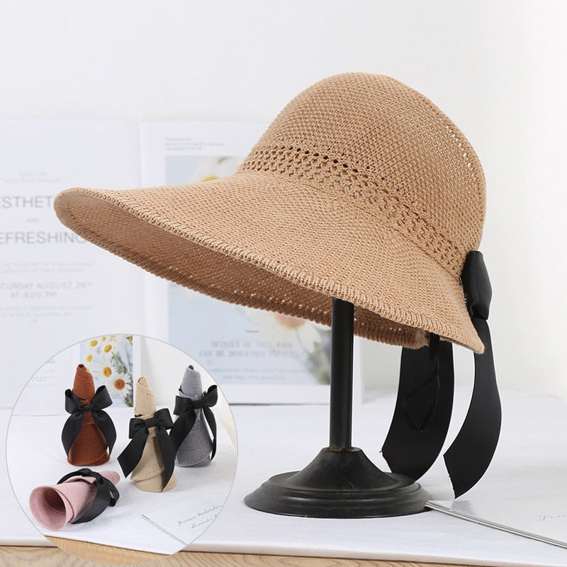 2020 Foldable Summer Beach Straw Hat for Women Brief Sun Hats Sunscreen Chapeu Feminino UV Protection Panama Hat with Bowknot