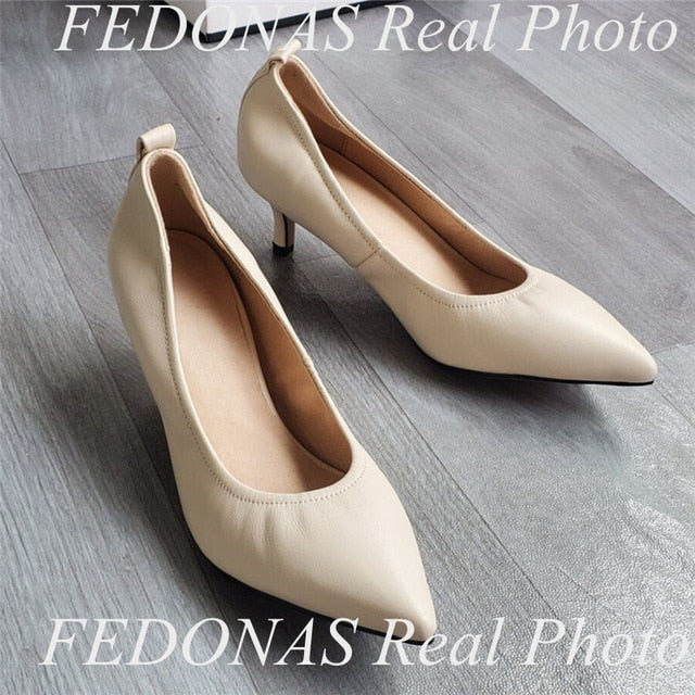 FEDONAS New Point Toe Shoes Women Pumps Women Spring Summer Party Wedding Shoes Fine Heels Genuine Leather Elegant Shoes Woman