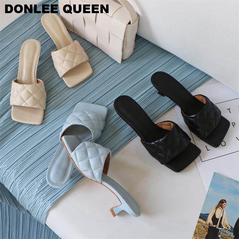 2020 Square Toe Slippers Women Peep Toe Med Heel 4cm Slides Summer Shoe Women Embroidery Mule Massage Outsole Slipper Size 35-41