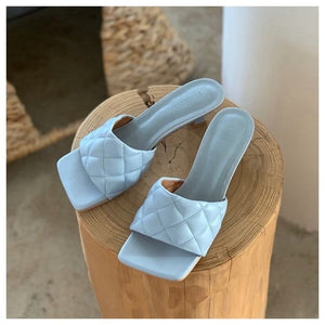 2020 Square Toe Slippers Women Peep Toe Med Heel 4cm Slides Summer Shoe Women Embroidery Mule Massage Outsole Slipper Size 35-41