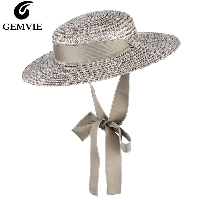GEMVIE Brim Flat Top Straw Hat Summer Hats For Women Ribbon Beach Cap Boater Fashionable Sun Hat With Chin Strap