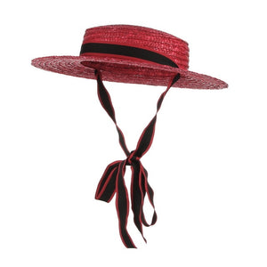 GEMVIE Brim Flat Top Straw Hat Summer Hats For Women Ribbon Beach Cap Boater Fashionable Sun Hat With Chin Strap