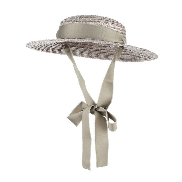 GEMVIE Brim Flat Top Straw Hat Summer Hats For Women Ribbon Beach Cap Boater Fashionable Sun Hat With Chin Strap