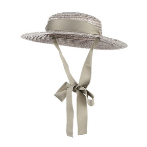 GEMVIE Brim Flat Top Straw Hat Summer Hats For Women Ribbon Beach Cap Boater Fashionable Sun Hat With Chin Strap