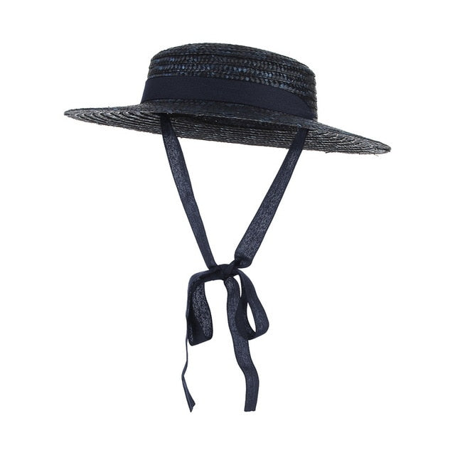GEMVIE Brim Flat Top Straw Hat Summer Hats For Women Ribbon Beach Cap Boater Fashionable Sun Hat With Chin Strap