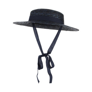 GEMVIE Brim Flat Top Straw Hat Summer Hats For Women Ribbon Beach Cap Boater Fashionable Sun Hat With Chin Strap