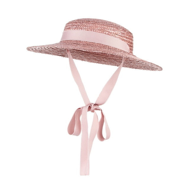 GEMVIE Brim Flat Top Straw Hat Summer Hats For Women Ribbon Beach Cap Boater Fashionable Sun Hat With Chin Strap