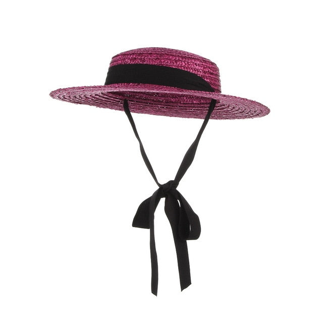 GEMVIE Brim Flat Top Straw Hat Summer Hats For Women Ribbon Beach Cap Boater Fashionable Sun Hat With Chin Strap