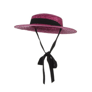 GEMVIE Brim Flat Top Straw Hat Summer Hats For Women Ribbon Beach Cap Boater Fashionable Sun Hat With Chin Strap