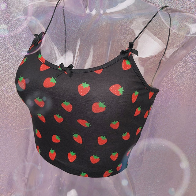 ALLNeon Kawaii Pink Cropped Camis Tops Spaghetti Strap Strawberry Print Summer Crop Tops for Women Vintage Sweet Ladies Tanks