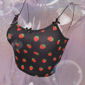 ALLNeon Kawaii Pink Cropped Camis Tops Spaghetti Strap Strawberry Print Summer Crop Tops for Women Vintage Sweet Ladies Tanks