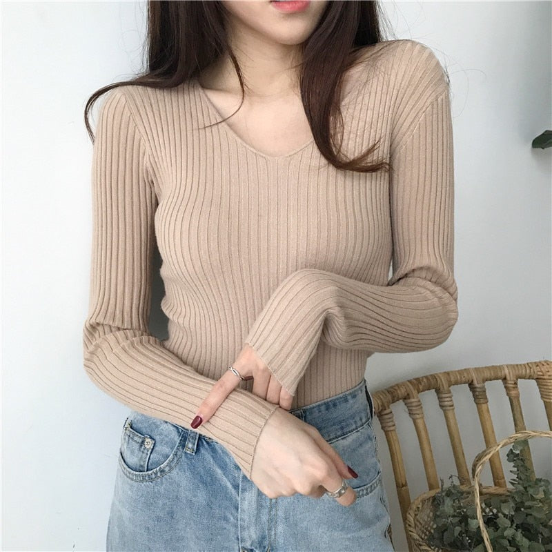 BEFORW Autumn Sweater Women Casual Slim V-Neck Bottoming Sweaters Solid Color Winter Basic Tops Wild Long Sleeve Pullover Top