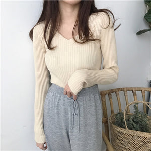 BEFORW Autumn Sweater Women Casual Slim V-Neck Bottoming Sweaters Solid Color Winter Basic Tops Wild Long Sleeve Pullover Top