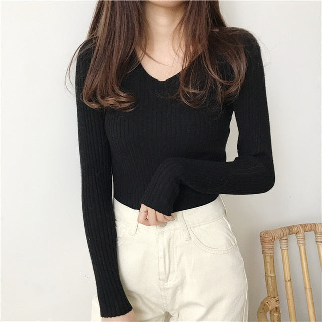 BEFORW Autumn Sweater Women Casual Slim V-Neck Bottoming Sweaters Solid Color Winter Basic Tops Wild Long Sleeve Pullover Top