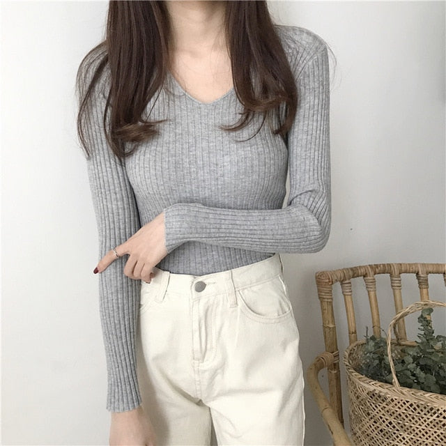 BEFORW Autumn Sweater Women Casual Slim V-Neck Bottoming Sweaters Solid Color Winter Basic Tops Wild Long Sleeve Pullover Top