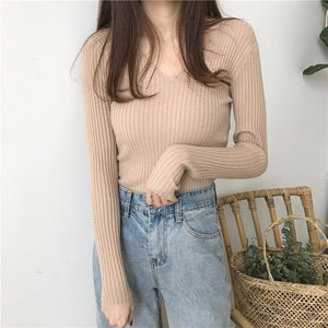 BEFORW Autumn Sweater Women Casual Slim V-Neck Bottoming Sweaters Solid Color Winter Basic Tops Wild Long Sleeve Pullover Top