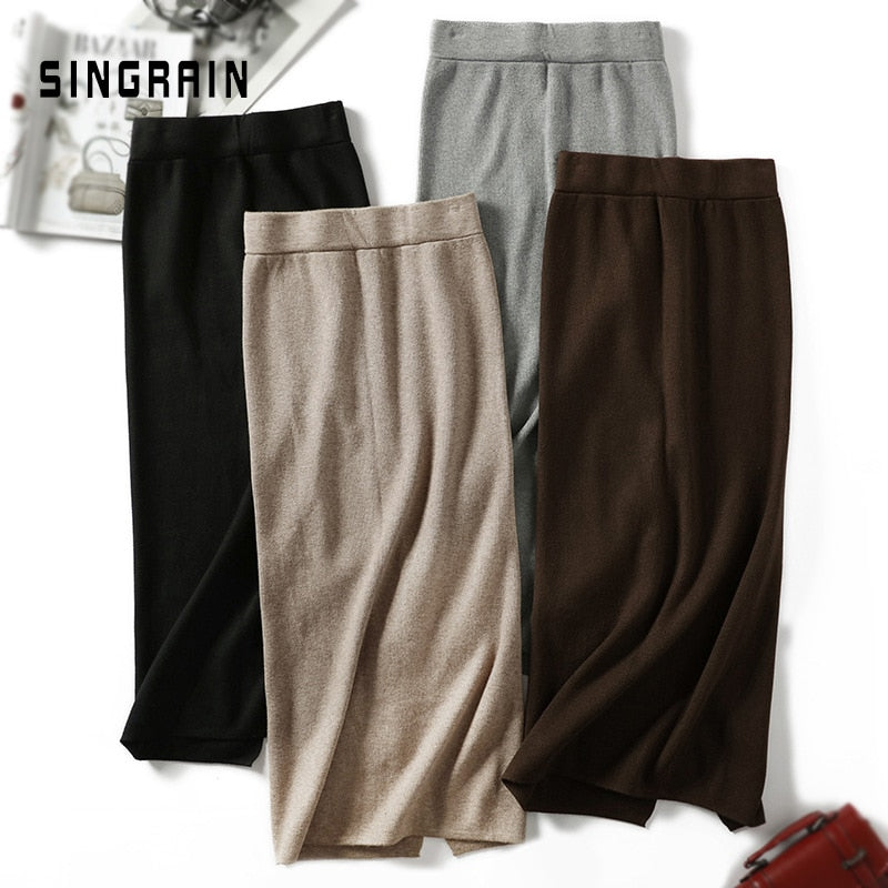 SINGRAIN Women sweater skirt pencil midi knitted skirt high waist skirts womens winter long warm knitting skirts split bottoms