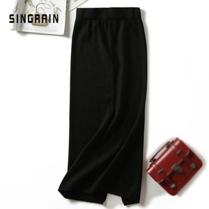 SINGRAIN Women sweater skirt pencil midi knitted skirt high waist skirts womens winter long warm knitting skirts split bottoms