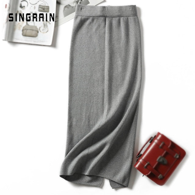 SINGRAIN Women sweater skirt pencil midi knitted skirt high waist skirts womens winter long warm knitting skirts split bottoms