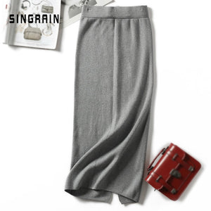 SINGRAIN Women sweater skirt pencil midi knitted skirt high waist skirts womens winter long warm knitting skirts split bottoms