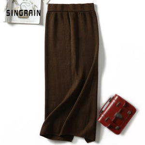 SINGRAIN Women sweater skirt pencil midi knitted skirt high waist skirts womens winter long warm knitting skirts split bottoms