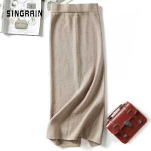 SINGRAIN Women sweater skirt pencil midi knitted skirt high waist skirts womens winter long warm knitting skirts split bottoms