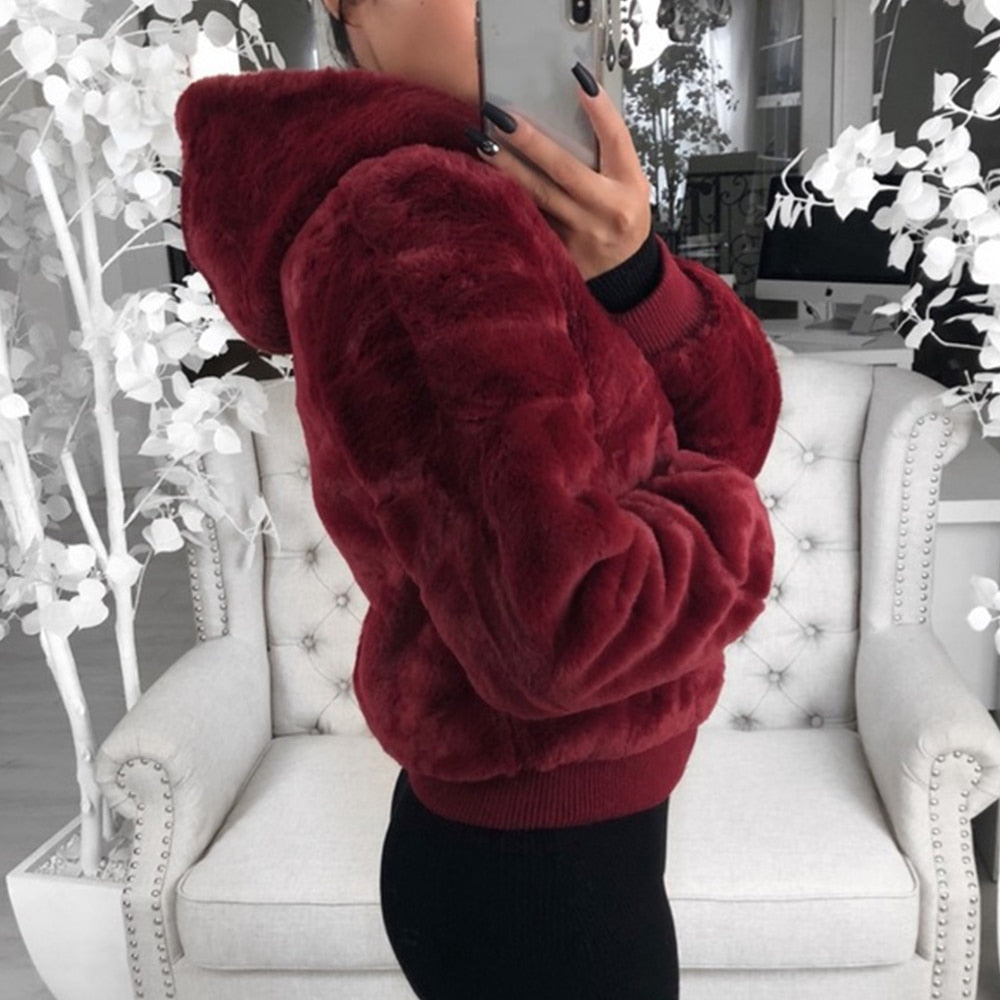 MJARTORIA New Faux Fur Women Coat With Hood High Waist Fashion Slim Black Red Pink Faux Fur Jacket Fake Rabbit Fur Coats 2020