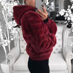 MJARTORIA New Faux Fur Women Coat With Hood High Waist Fashion Slim Black Red Pink Faux Fur Jacket Fake Rabbit Fur Coats 2020