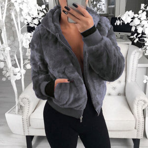 MJARTORIA New Faux Fur Women Coat With Hood High Waist Fashion Slim Black Red Pink Faux Fur Jacket Fake Rabbit Fur Coats 2020