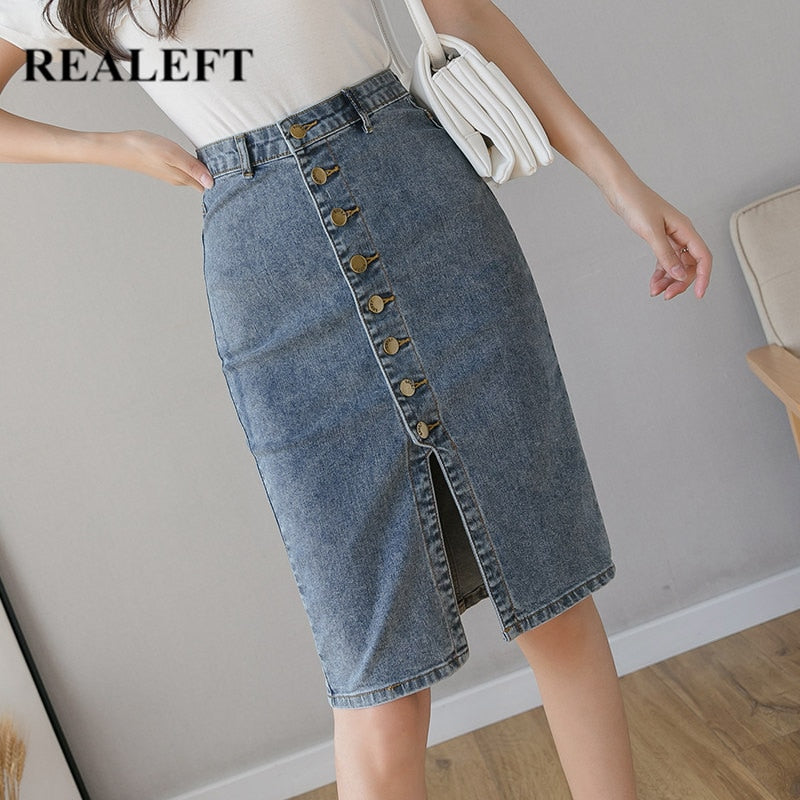 REALEFT Spring Summer 2020 New Denim Sheath Wrap Skirts Single-Breasted High Waist Pencil Midi Skirt Front Split Skirts Womens
