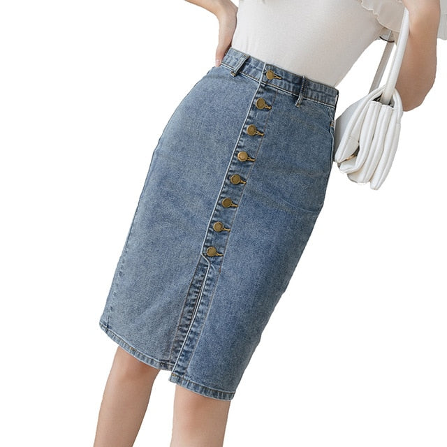 REALEFT Spring Summer 2020 New Denim Sheath Wrap Skirts Single-Breasted High Waist Pencil Midi Skirt Front Split Skirts Womens