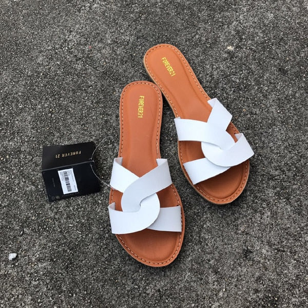 NAN JIU MOUNTAIN Flat Sandals Summer Women's Slippers Leather Comfortable Sole Cross Weave 8 Colors Woman Shoes Solid Color