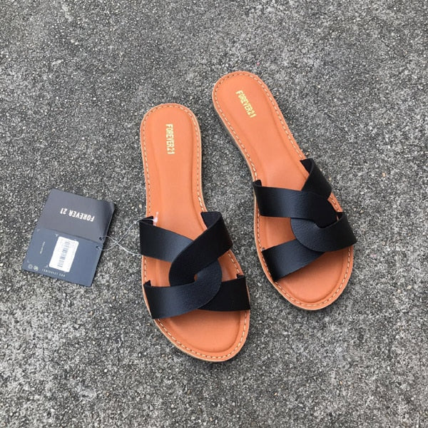 NAN JIU MOUNTAIN Flat Sandals Summer Women's Slippers Leather Comfortable Sole Cross Weave 8 Colors Woman Shoes Solid Color