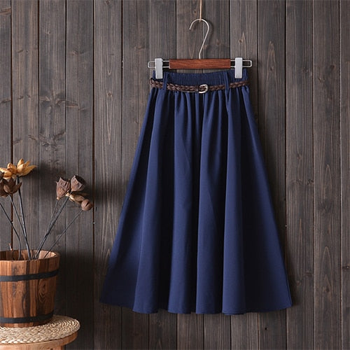 Surmiitro Knee Length Midi Summer Skirt Women With Belt 2020 Korean Ladies Blue Black Red High Waist Pleated School Skirt Female