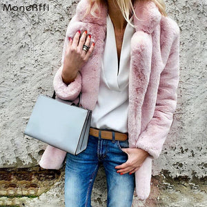 SHUJIN Women Faux Fur Coats Winter Solid Fashion Open Point Outwear Female Luxury Long Sleeve Warm Thick Fluffy Jacket Coat