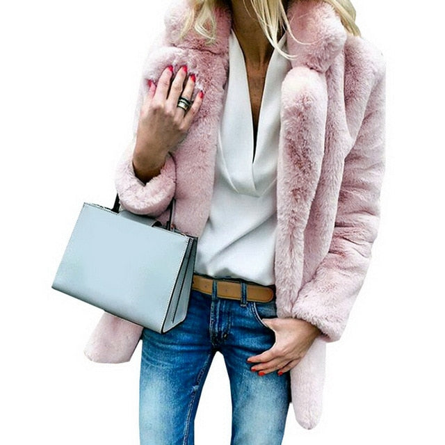 SHUJIN Women Faux Fur Coats Winter Solid Fashion Open Point Outwear Female Luxury Long Sleeve Warm Thick Fluffy Jacket Coat