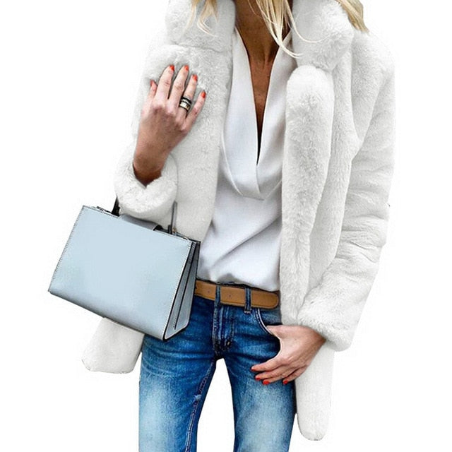 SHUJIN Women Faux Fur Coats Winter Solid Fashion Open Point Outwear Female Luxury Long Sleeve Warm Thick Fluffy Jacket Coat