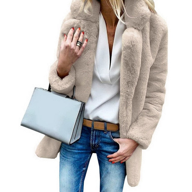 SHUJIN Women Faux Fur Coats Winter Solid Fashion Open Point Outwear Female Luxury Long Sleeve Warm Thick Fluffy Jacket Coat