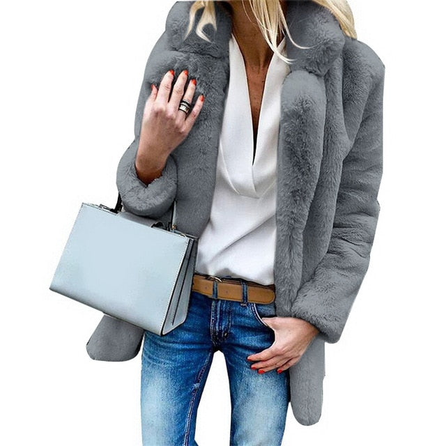 SHUJIN Women Faux Fur Coats Winter Solid Fashion Open Point Outwear Female Luxury Long Sleeve Warm Thick Fluffy Jacket Coat