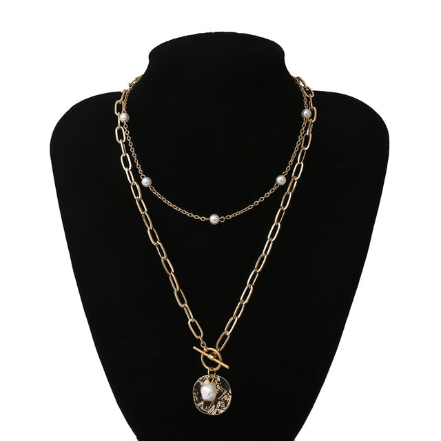 IngeSight.Z Punk Multi Layered Pearl Choker Necklace Collar Statement Virgin Mary Coin Crystal Pendant Necklace Women Jewelry