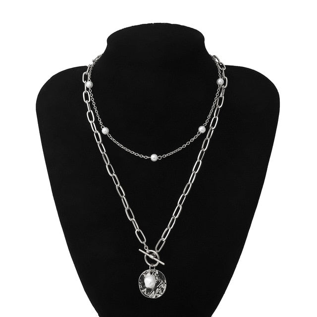 IngeSight.Z Punk Multi Layered Pearl Choker Necklace Collar Statement Virgin Mary Coin Crystal Pendant Necklace Women Jewelry