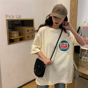 T-shirts Women Harajuku Milk Printed Kawaii BF Couple Clothes Unisex Loose Long Summer Tee Top Womens Tshirt Korean Style Trendy