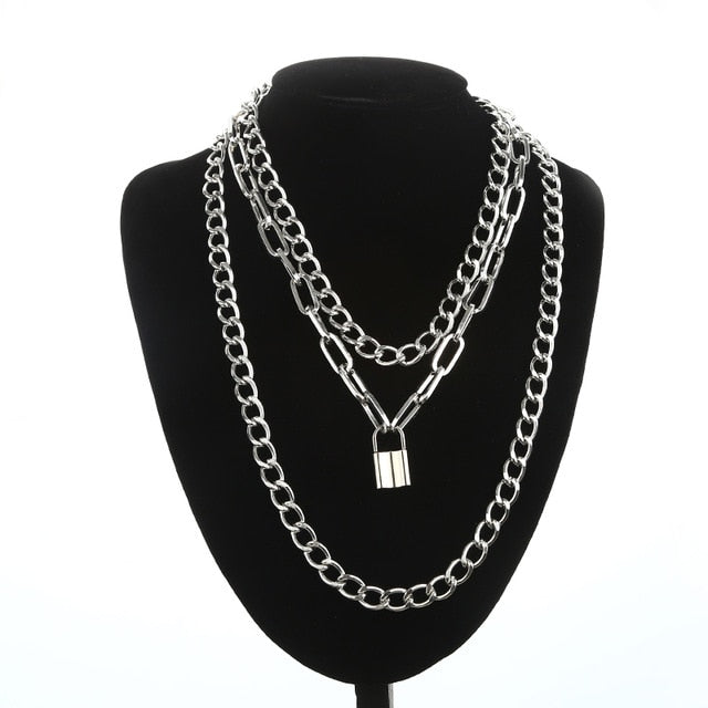 Layered punk chain necklace lock pendant necklace women men choker metal padlock chains goth jewelry grunge aesthetic accessory