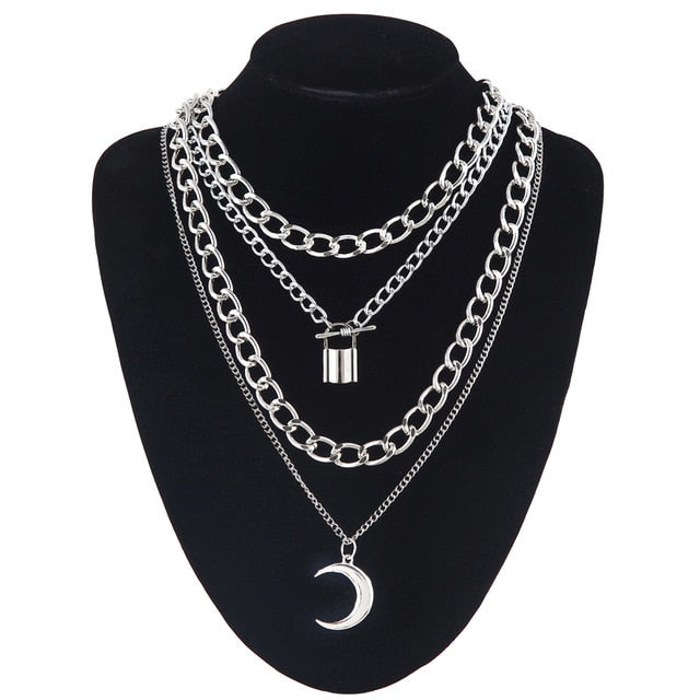 Layered punk chain necklace lock pendant necklace women men choker metal padlock chains goth jewelry grunge aesthetic accessory