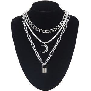 Layered punk chain necklace lock pendant necklace women men choker metal padlock chains goth jewelry grunge aesthetic accessory