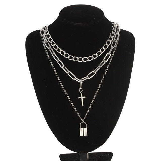 Layered punk chain necklace lock pendant necklace women men choker metal padlock chains goth jewelry grunge aesthetic accessory