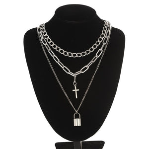 Layered punk chain necklace lock pendant necklace women men choker metal padlock chains goth jewelry grunge aesthetic accessory
