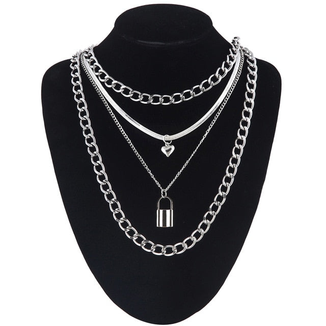 Layered punk chain necklace lock pendant necklace women men choker metal padlock chains goth jewelry grunge aesthetic accessory